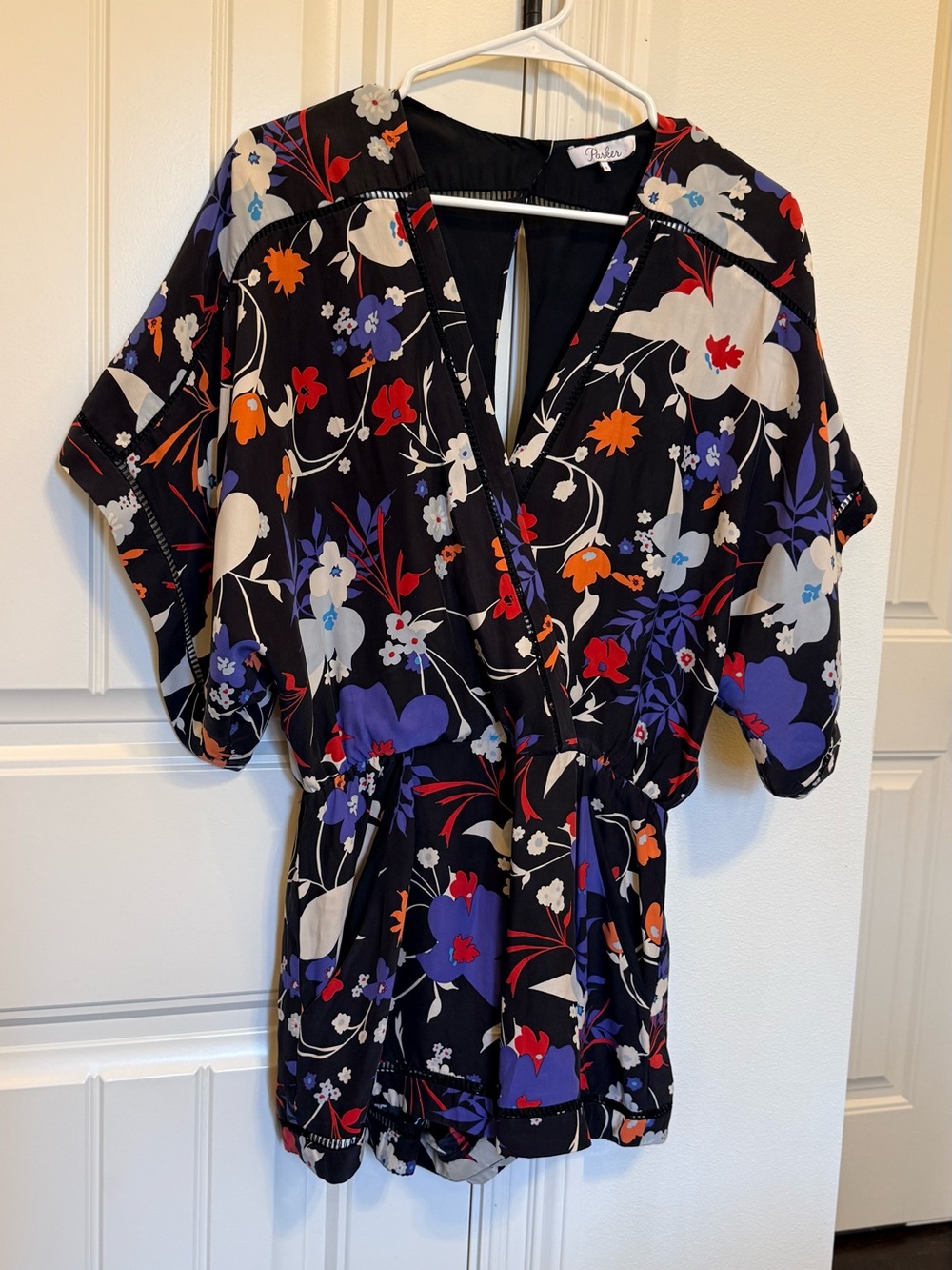 Parker Barry 100% Silk Black Floral V-Neck Romper with Blue, White & Red Accents - Picture 3 of 7
